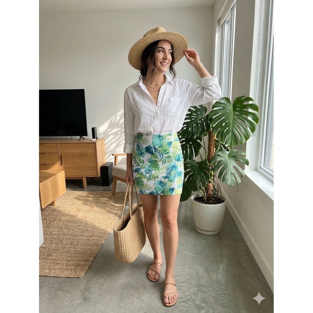 Onque Casual Tropical Leaf Print Skort Green White Floral Mini Skirt PM